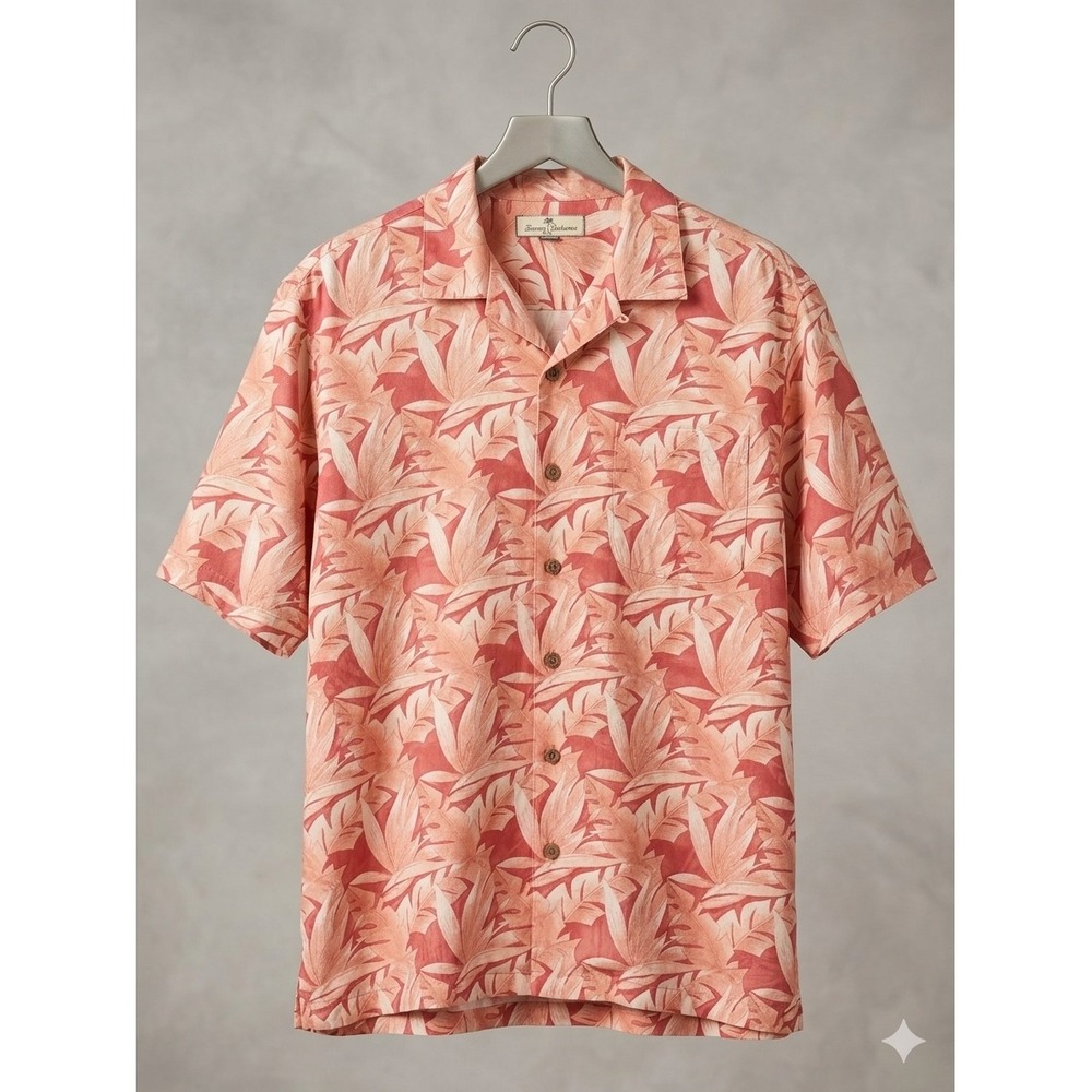 Tommy Bahama Silk Button Down Mens XL Coral Orange Tropical Leaf Camp Shirt